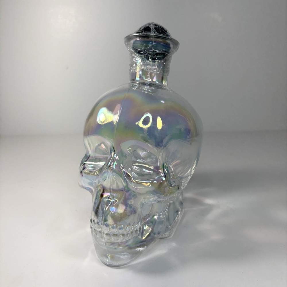 Skull Shape Iridescent GLASS Decanter 26.5oz Liquor Bottle Prop Decor Vase